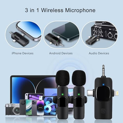 Mini Microphone, 3 in 1 Wireless Microphone for iPhone, iPad, Android, Camera, Professional Wireless Lavalier Lapel Mics for Recording, YouTube, TikTok - style: Lightning+USB C+3.5mm Jack