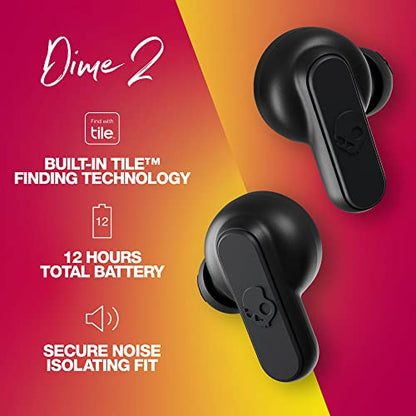 Skullcandy Dime 2 Wireless Earbuds,Bluetooth Headphones,Noise Isolating Fit,Up to 12 Hours Battery,Microphone for iPhone Android,Easy Carry with Integrated Lanyard - True Black,(Pack of 2) - color: True Black, size: One (Pack of 2)