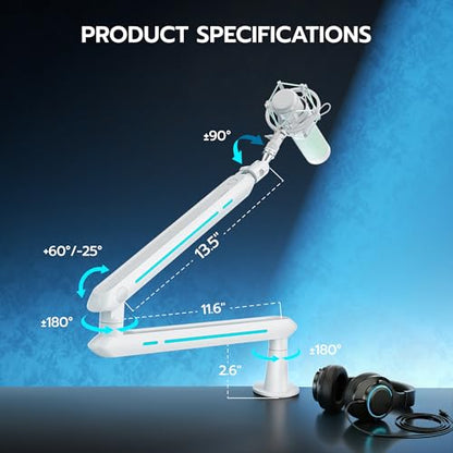 ARES WING Aluminum Low Profile Mic Arm with 4.4 lbs Load Capacity, White | Adjustable Microphone Boom Arm with 3/8” to 5/8” Screw Adapter, Desk Mount Mic Stand for Gaming Streaming Podcasting - color: White