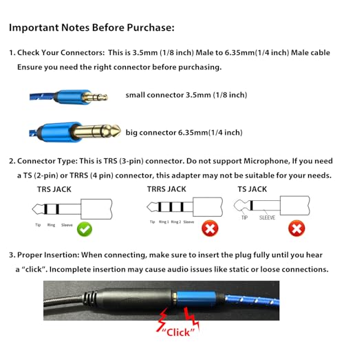 WISYIFIL 1/4 inch to 3.5mm Stereo Audio Cable, 6.35mm to 3.5mm Headphone Adapter, 1/4 to 1/8 Male to Male Aux Cord, 3.3ft (1m) Long, for Guitar, Cellphone, Laptop, Switch, Home Theater Devices - size: 3.3ft
