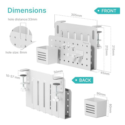 Desk Side Storage Organizer, Fits Flat Edge 0.4" to 2.2", White | No Drill Under Desk Laptop Holder, Clamp on Desks Shelf with Pegboard Accessories, Hanging Laptop Mount - color: White