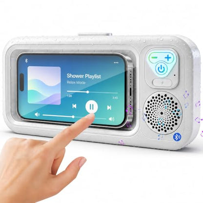 Water-Resistant Shower Phone Holder with Bluetooth Speaker, Wall Mounted Bathroom Phone Mount for Smartphones up to 7”, Touchscreen Compatible, Hands-Free for Shower & Kitchen (White Light-Up Button) - color: White Light-Up Button