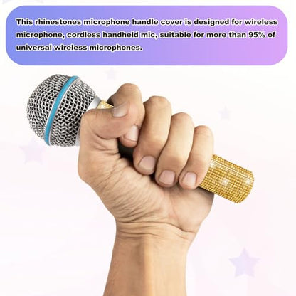MECCANIXITY Gold Mic Handle Cover, Rhinestones Microphone Handle for Most Universal Wireless Microphones, Mic Not Included(with Black Velvet Bag) - color: Gold Black