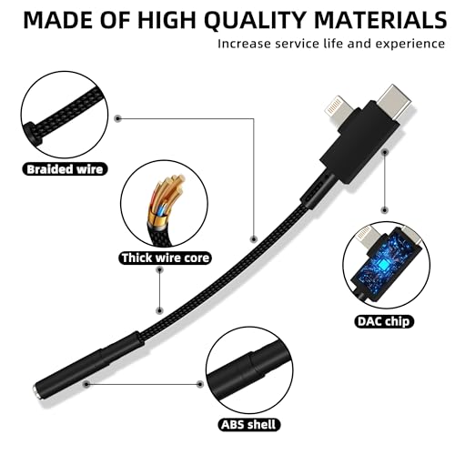 Aux to USB C Adapter for iPhone 17 16 15 14 13 Pro Max Lightning Headphone Jack 3.5mm Audio Cable (2in1) Accessories Headset Auxiliary Computer Compatible with Samsung S22 for Apple Microphone Dapter