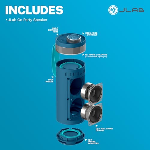JLab, Go Party, Portable Bluetooth Speaker, Waterproof RGB LED, Navy - color: Navy