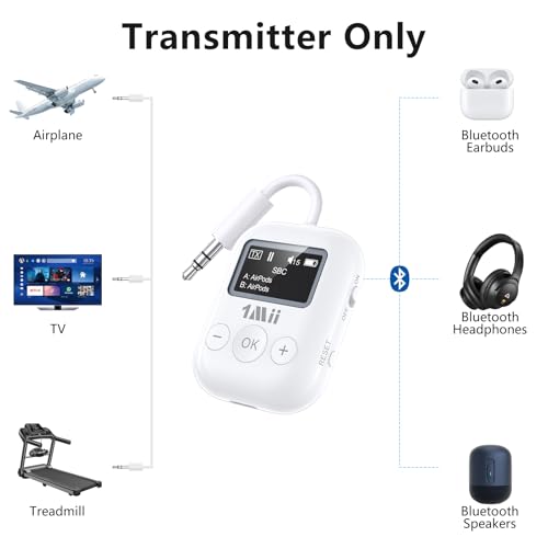 1Mii SafeFly Min Airplane Bluetooth Adapter for 2 AirPods or Headphones | aptX Adaptive & HD Hi-Fi Sound, Display Screen, 25H Battery, 3.5mm AUX Wireless Audio Transmitter for Flight Travel, TVs, Gym