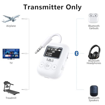 1Mii SafeFly Min Airplane Bluetooth Adapter for 2 AirPods or Headphones | aptX Adaptive & HD Hi-Fi Sound, Display Screen, 25H Battery, 3.5mm AUX Wireless Audio Transmitter for Flight Travel, TVs, Gym