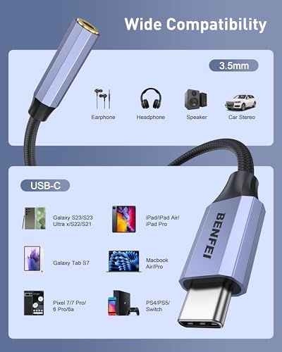 BENFEI USB C to Audio Jack Adapter with DAC chipset, USB-C to 3.5mm Female Headphone Compatible with iPhone 15 Pro Max/15 Pro/15, Samsung Galaxy S24/S23/S22/S21 Ultra, iPad Pro, Pixel 8 Grey - color: Grey