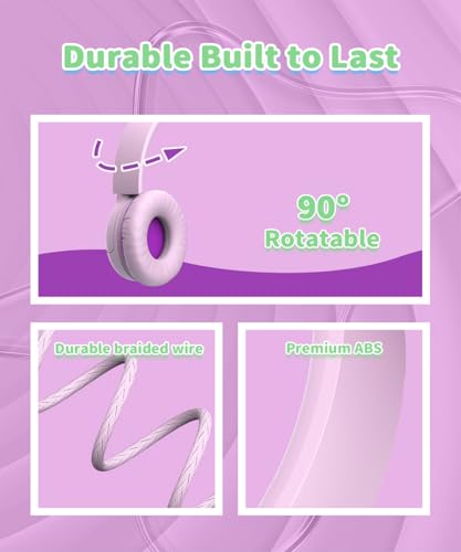Wired Kids Headphones with Mic, 85/94dB Safe Volume Control, Foldable On-Ear Headset for School, Travel, Tablet & Laptop, 3.5mm Jack, Pink & Purple - color: PinkPurple