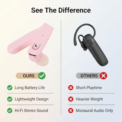 Single Ear Bluetooth Headset, Handsfree Earphone with Mic, IP67 Water Proof Ear Hook Wireless Earpiece for Truck Driver Laptop Cell Phone (Pink) - color: Pink