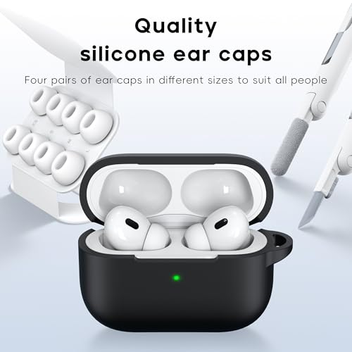 RFUNGUANGO for AirPods Pro 2 Case Cover, Black | Silicone Protective Case with Cleaning Kit Keychain, Compatible with AirPods Pro 2nd/1st Generation, Wireless Charging - color: A-A-Black, size: AirPods Pro 2nd/1st Case