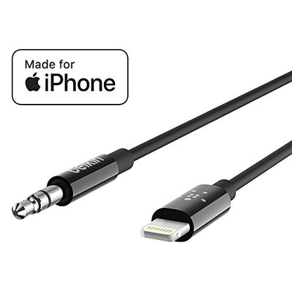Belkin Lightning to 3.5mm Audio Cable, 6ft, Black | Connects iPhone to wired headphones, speakers, or car stereo, MFi certified, aux input, travel-friendly - color: Black, size: 6'