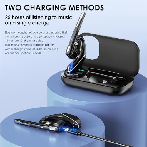 EKVANBEL Bluetooth Headset V5.3, Wireless Earpiece with 1000mAh Charging Case, 96H Talktime, Hands Free Noise Canceling Headphones with Dual-Mic for Computer Cell Phones Trucker Home Office Work - color: Black