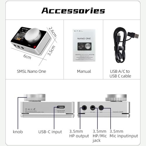 SMSL Nano ONE, Gaming External Sound Card Microphone/USB Input, 3.5mm Headphone Output,Music/Game/7.1 Virtual/Voice Enhancement Connects to Phones/Tablets/Computers/Gaming Consoles (Silvery)