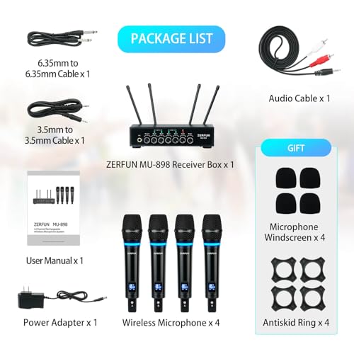 4 Channel Rechargeable Wireless Microphone System, Pro UHF Metal Handheld Wireless Microphones Cordless Mics with Echo Bluetooth VOL Channel Control for Karaoke Singing Church(MU-898)