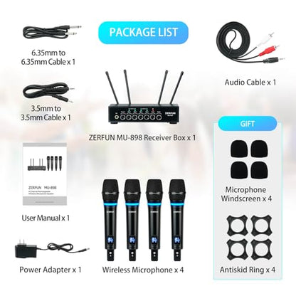 4 Channel Rechargeable Wireless Microphone System, Pro UHF Metal Handheld Wireless Microphones Cordless Mics with Echo Bluetooth VOL Channel Control for Karaoke Singing Church(MU-898)