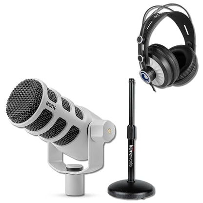 Rode PodMic Cardioid Dynamic Broadcast Microphone (White) with Round Base Desktop Mic Stand, Monitoring Headphones, XLR Cable and Polishing Cloth