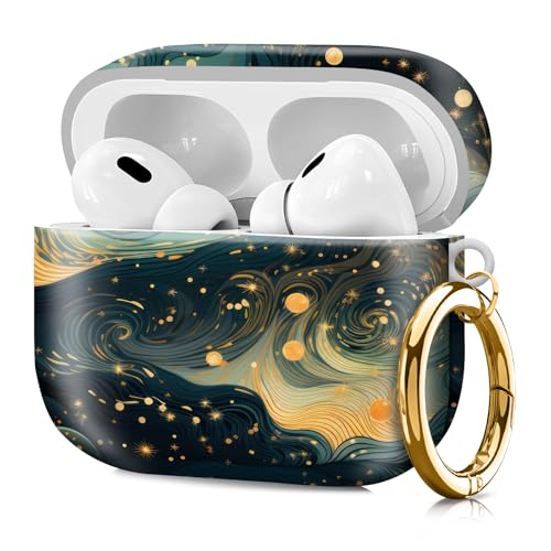 Compatible with Airpod pro 2nd/1st Generation Case Cover with Gold Round Keychain Cute Pattern Hard & Anti Slip Cover for Men Women & Girls（Starry Sky） - color: Starry Sky