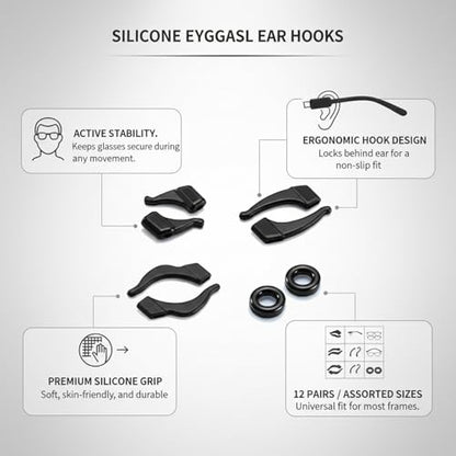 12 Pairs Silicone Eyeglass Ear Hooks, Anti-Slip Retainers for Glasses & Sunglasses, Assorted Sizes for Secure Fit During Sports and Daily Wear