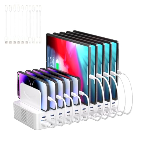 20-Port 270W Charging Station for Multiple Devices, USB Charger Station | with Adjustable Dividers & 10 Cables, Multi Device Organizer Charging Dock for iPhone, iPad, Tablets & More(White) - color: White