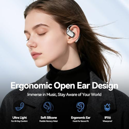 Open Ear Earbuds Bluetooth Wireless Headphones with LED Power Display, 48h Playtime, IPX6 Waterproof Comfortable for Workout, Running, Cycling (Black) - color: Black