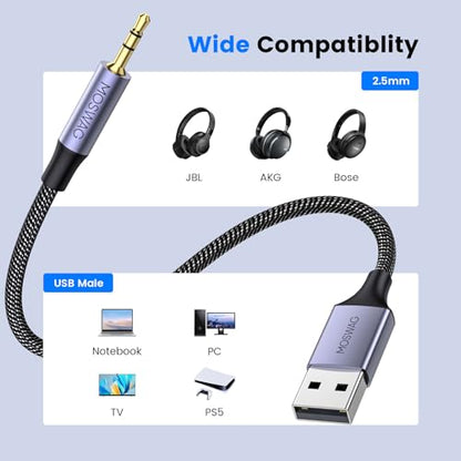MOSWAG USB to 2.5mm TRS Audio Adapter, Nylon Braided Headphone Extension Cords for Windows, Linux, Android, PC, Laptop, Headphones - size: 10FT/3Meter