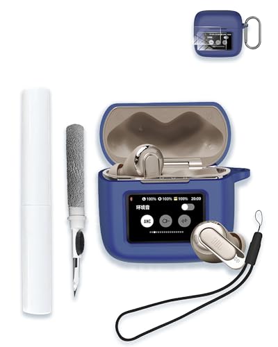 Case for JBL Tour Pro 3 - True Wireless Noise Cancelling Earbuds, Soft Silicone Protective Portable Scratch Shock Resistant with 2pack Screen Protector &Cleaner Kit & Carabiner & Lanyard，Blue - color: BLUE