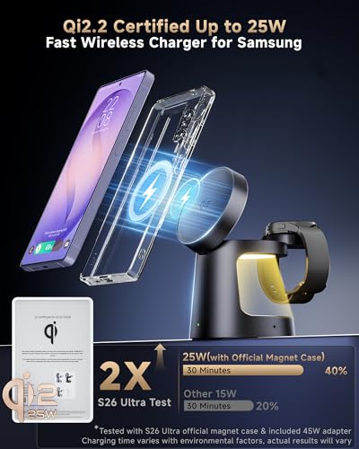 Qi2.2 25W 3-in-1 Magnetic Wireless Charger for Samsung, Compact & Foldable | Fast Charging Station for MagSafe for S26 Ultra/Z Fold 8/Fold8 Ultra, Travel Charger Stand (Not for Watch 9/Ultra2)