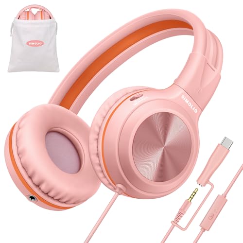 SIMOLIO Kids Wired Headphones for School, USB C to 3.5mm Dongle Stereo Sound Foldable Headphones w/Mic, Share Port & Safe Volume, Passive Noise Cancelling w/Pouch for iPhone iPad PC Travel (Pink)