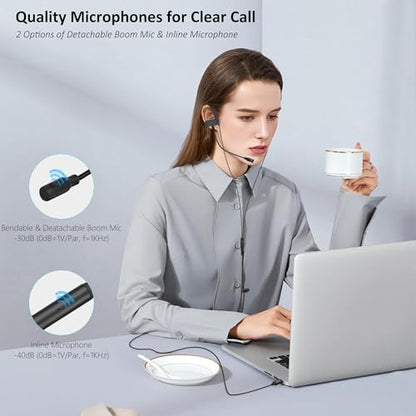 USB C & A Wired Earbuds with Boom Mic for Phone & PC, Ideal for Call & Work | Wired USB C In-ear Headphones with USB-A Adapter & Wrap-around Ear Hooks for Meeting, Gaming & Working, 5.9 ft