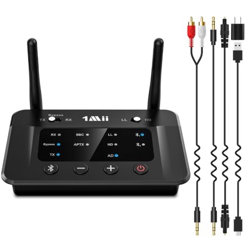 1Mii B03 Bluetooth 5.3 Transmitter Receiver for TV Home Stereo | aptX Low Latency/Adaptive/HD Wireless Audio Adapter to 2 Headphones, Volume Control, Optical RCA AUX, Soundbar Passthrough