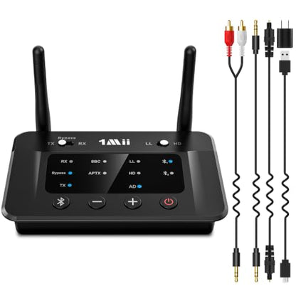 1Mii B03 Bluetooth 5.3 Transmitter Receiver for TV Home Stereo | aptX Low Latency/Adaptive/HD Wireless Audio Adapter to 2 Headphones, Volume Control, Optical RCA AUX, Soundbar Passthrough