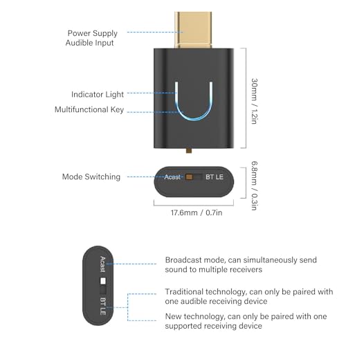 BT5.4 Wireless Audible Transmitter Low Latency Sound Adapter for LE Audio with Stable Connection for Music Sharing Suitable for All Devices