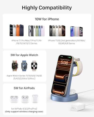 Anlzm 3 in 1 Charging Station for iPhone, Wireless Charger for iPhone 17 16e 16 15 14 13 12 11 X Pro Max & Apple Watch - Charging Stand Dock for AirPods (Blue) - color: Blue