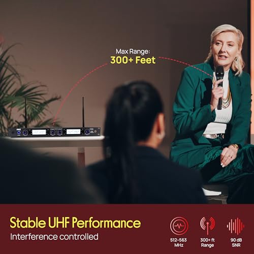 Pyle 4 Channel UHF Wireless Microphone System with 3 Handheld Mics, Lavalier & Headset Mic, 300 Ft Range, Selectable Frequencies & Rack Mount Receiver for Conferences, Hosting, Church & PA Systems - style: 4-Channel Handheld-Headset-Lavalier