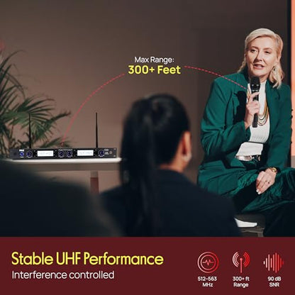 Pyle 4 Channel UHF Wireless Microphone System with 3 Handheld Mics, Lavalier & Headset Mic, 300 Ft Range, Selectable Frequencies & Rack Mount Receiver for Conferences, Hosting, Church & PA Systems - style: 4-Channel Handheld-Headset-Lavalier