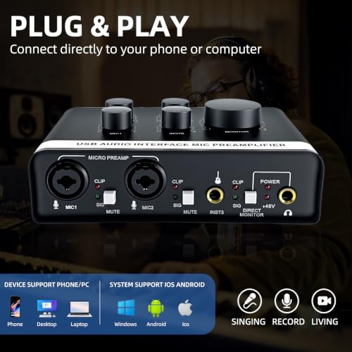 USB Audio Interface, 48V Phantom Power & XLR/TRS Combo Input, Computer Recording with Direct Monitor & Echo Knob, 16bit/48kHz, Plug & Play USB C for PC/Mac/iOS, for Guitar, Vocal, Karaoke – RXSKERTL