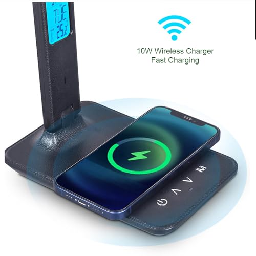 IHAO Multi-Functional Desk Lamp 10W Qi Wireless Charger 3 Color Modes 5 Brightness Levels Eye-Caring LED Light Faux Leather Finish Calendar Temperature Display Office Table Lamp TX26 Black - color: Table Lamp TX26A Black