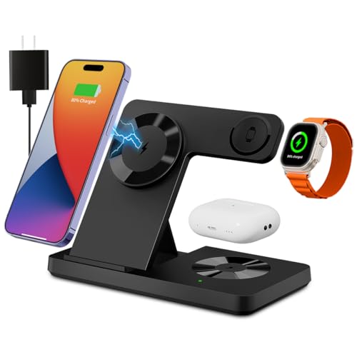 Magnetic 3 in 1 Wireless Charging Station for iPhone 12-17 Series, Charging Station for Multiple Devices, Mag Safe Wireless Charger Stand for Apple Watch Series/Ultra/SE & AirPods 4/3/2/Pro - color: black