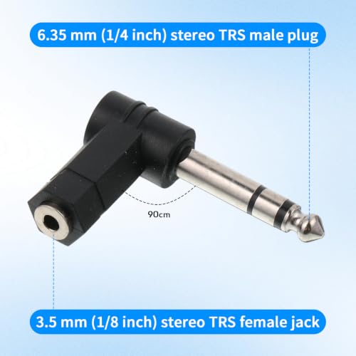 1/4 Inch TRS to 3.5mm Right Angle Adapter, 2 Pack | 6.5mm Angle Male to 3.5mm Female Audio Adapter 90 Degree TRS Stereo Jack Plug Connector