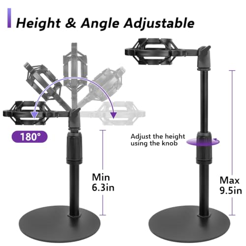 Mic Stand Desk Adjustable Desktop Microphone Stand with Stable Metal Base, Shock Mount, Pop Filter, Mic Clip, and Mic Adapter for AT2020, HyperX QuadCast, Blue Yeti, Shure SM58