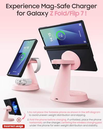 Meifigno Magnetic Wireless Charger for Samsung, 3 in 1 Charging Station Compatible with MagSafe Samsung Charger for Galaxy S26 Ultra S25 Z Fold7/Flip7, Charger Stand for Galaxy Watch Ultra 8 7, Pink - color: PINK