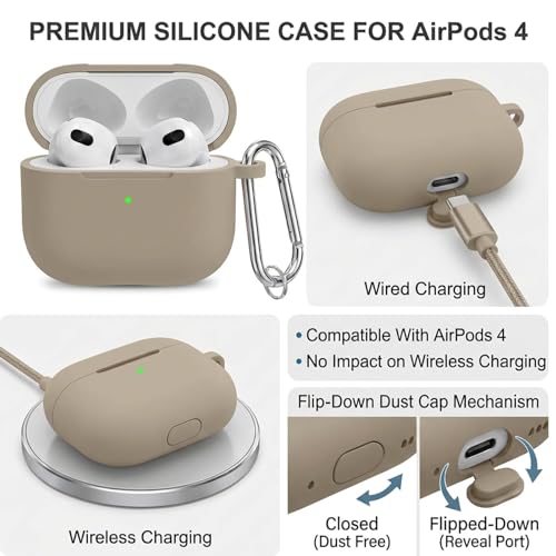 Silicone Case Cover for AirPods 4th Gen, Soft Skin, Full Protection, Keychain, Cleaner Kit (Milk Tea) - color: A5-Milk Tea