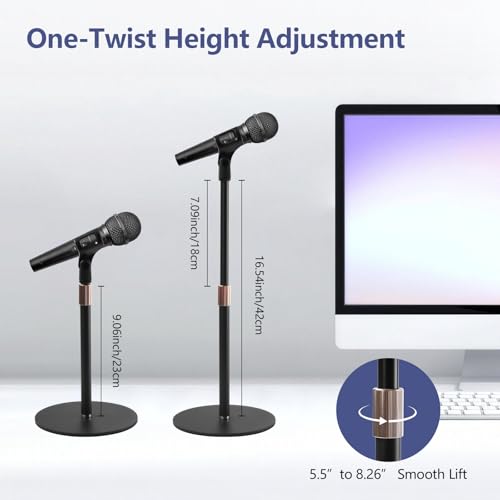 Desktop Microphone Stand for Podcast Recording | 9-16.5“ Height Adjustable Mic Stand for Desk with 1.3 lb Weighted Base, Universal 3/8” to 5/8" Adapter and 2 Clips - size: Mic Stand Desktop