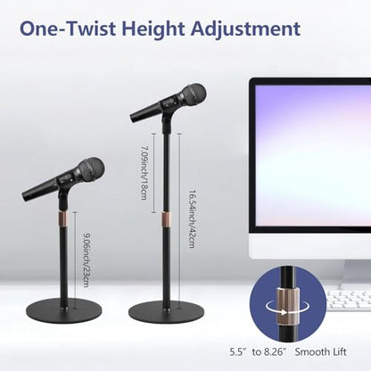Desktop Microphone Stand for Podcast Recording | 9-16.5“ Height Adjustable Mic Stand for Desk with 1.3 lb Weighted Base, Universal 3/8” to 5/8" Adapter and 2 Clips - size: Mic Stand Desktop