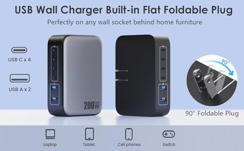USB C Charger 200W USB Charging Block,6 Ports Foldable Wall Charger Outlet Plug,QC4.0 Fast Charging Station Hub,PD 65W Laptop Adapter for MacBook Pro/Air,Dell,iPhone 17/16/15,Galaxy (Black)