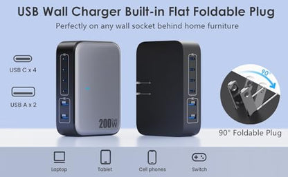 USB C Charger 200W USB Charging Block,6 Ports Foldable Wall Charger Outlet Plug,QC4.0 Fast Charging Station Hub,PD 65W Laptop Adapter for MacBook Pro/Air,Dell,iPhone 17/16/15,Galaxy (Black)