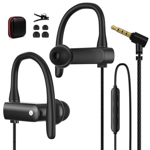 3.5mm Headphones Over Ear Wired Earbuds with Microphone & Ear Hooks | In-Ear Earphone Wired Earbuds With Loop Mic Stereo Plug in Buds for Chromebook Laptops/Samsung A25 A15 A14/Mp3 Running School