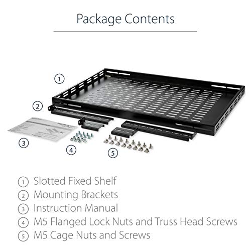StarTech 1U Adjustable Vented Rack Shelf, 19in, 175lb, TAA (ADJSHELF) | 19.5-38in adjustable mounting depth, 27.5in deep universal tray, SPCC steel, Maximizes airflow - size: 19.5-38in