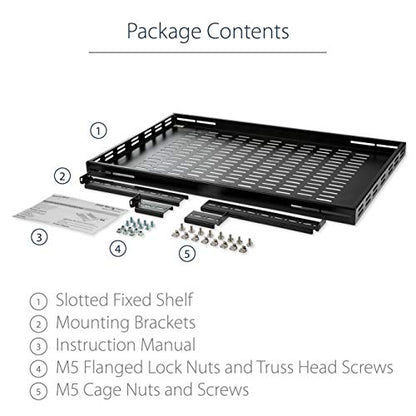 StarTech 1U Adjustable Vented Rack Shelf, 19in, 175lb, TAA (ADJSHELF) | 19.5-38in adjustable mounting depth, 27.5in deep universal tray, SPCC steel, Maximizes airflow - size: 19.5-38in